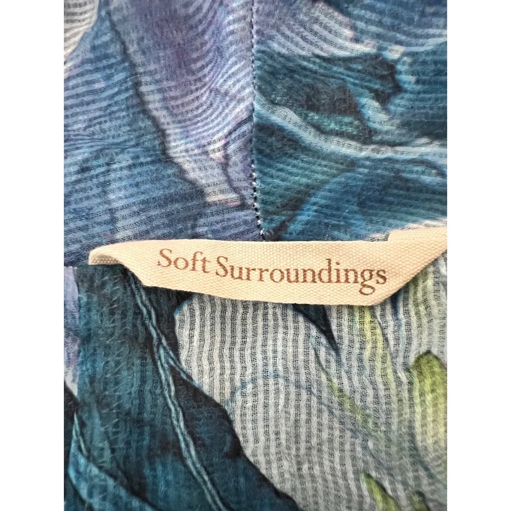 Soft‎ Surroundings Blue Floral Bird Open Front Cardigan Waterfall Hem S 28Z08